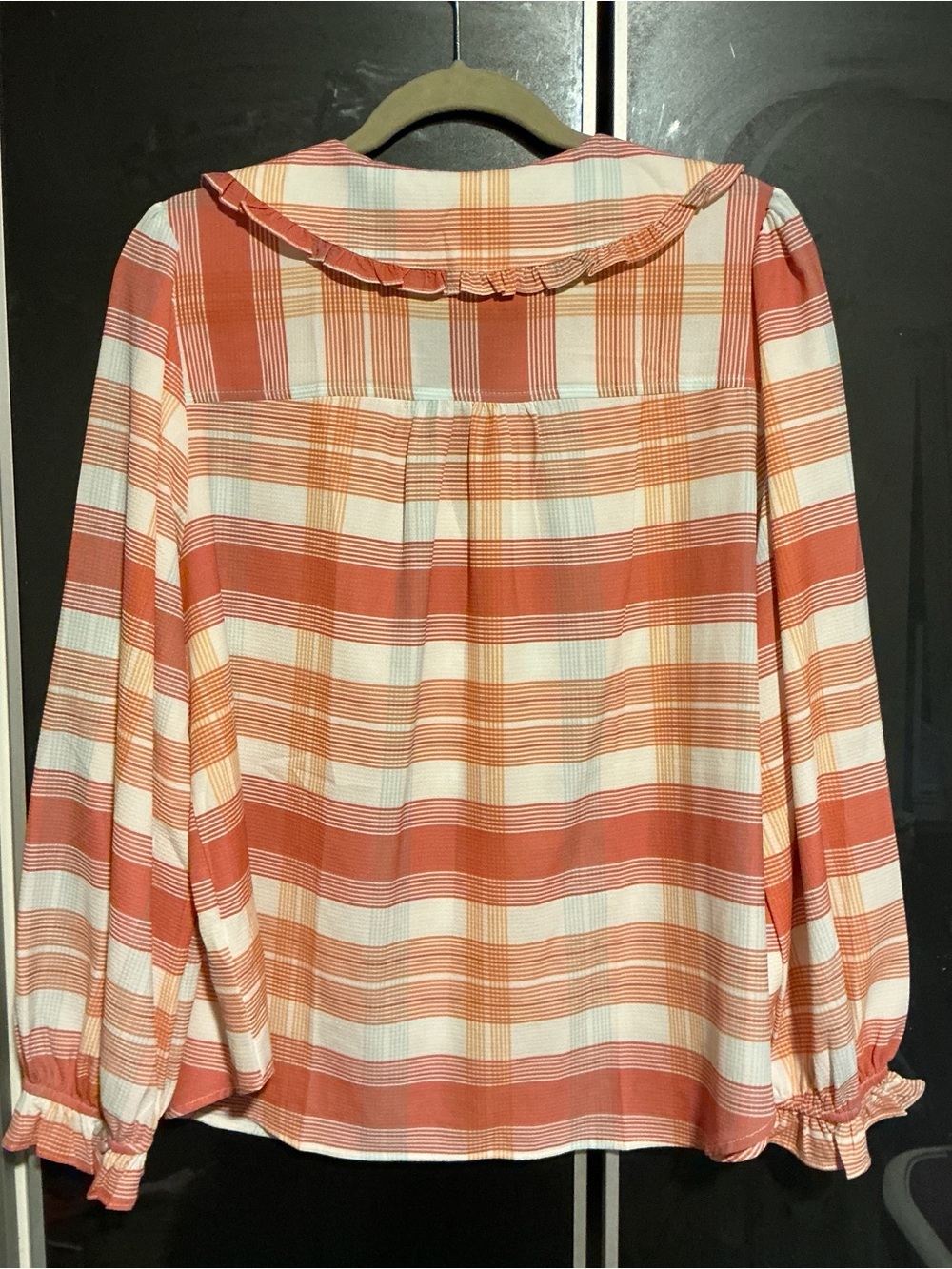 Plaid Button-Up Blouse in Coral and Cream - Picture 2 of 4